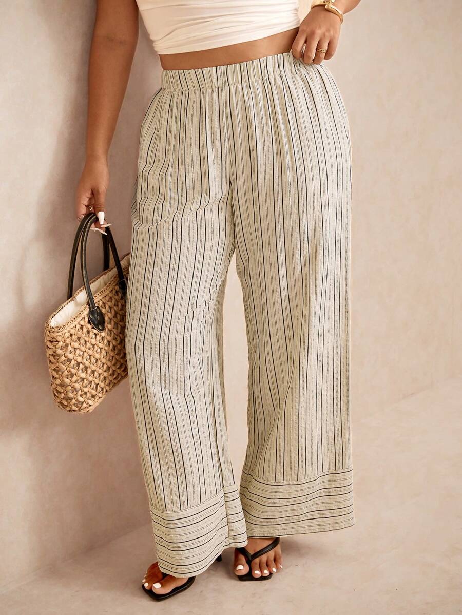 Elaquor Plus Size Striped Casual Pants, Fashionable For Summer - Black and White - View 1
