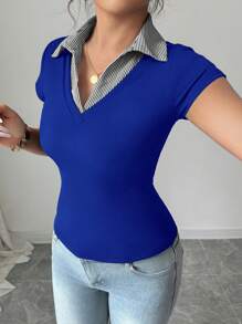 Chiquease Rafferiza 女士休闲通勤优雅商务休闲度假舒适成熟优雅性感V领条纹拼接二合一蓝色罗纹面料高弹修身短袖春夏T恤 - 藏蓝色 - 查看 6