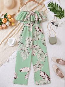 Teen Girls Botanical Print Ruffle Hem Sleeveless Jumpsuit
