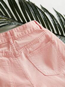 SHEIN Essnce Vacation Casual Washed Denim Frayed Shorts - Baby Pink - View 4