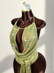 Amplova Top de tirantes con cuello drapeado y espalda con lazo, sexy, para mujer, ideal para vacaciones de verano - Verde - Ver 4