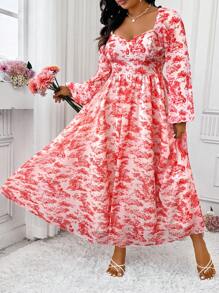 SHEIN Clasi Damen Kleid in Große Größen mit kleinem Blumenmuster, romantischer französischer Landhausstil mit Volants am Kragen, Langarm, taillierter Schnitt, lange Bauernkleid-Silhouette - Rot - Übersicht 6