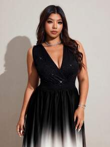 Viva Relle Plus-Size Women's Elegant Gradient Color Slimming Sleeveless Halter Long Dress - Black and White - View 6