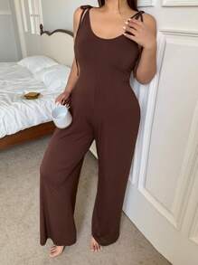 Dazy Plus Solid Color Fitted Jumpsuit Sleepwear - Brown - View 9