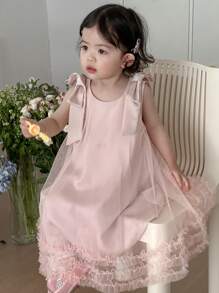DAZY Baby Girl Bowknot Bandage Mesh Summer Elegant Sleeveless Dress - Dusty Pink - View 10