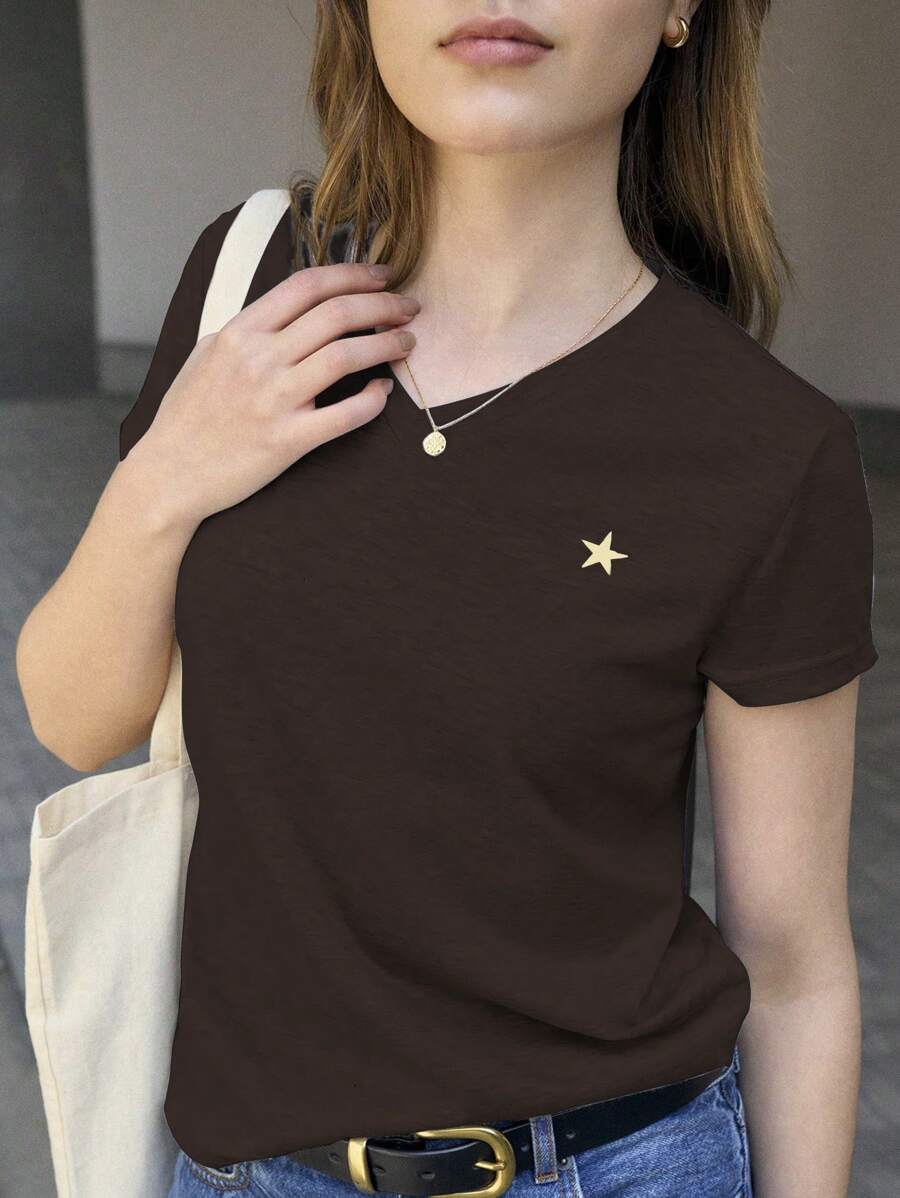 Jouncy Women Casual Star Print V-Neck Short Sleeve T-Shirt, Summer - Coffee Brown - View 1