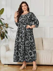 Lacomfia Váy rộng rãi in họa tiết Ả Rập tay 3/4 cỡ lớn - màu đen - Xem 4