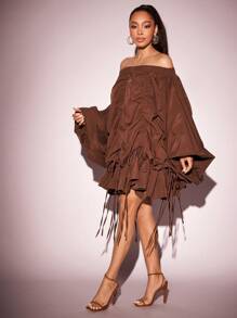 Vixey Off Shoulder Drawstring Detail Balloon Sleeve Boho Dress, Boho Women Clothing, Spring Dress, Summer Dress, Fall Outfits, Fall Clothes For Women,