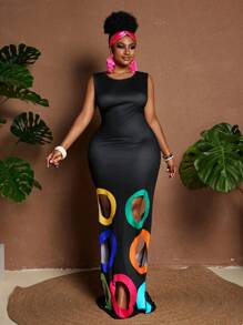 Maweii 1pc Women Plus Size Color Block Cutout Round Neck Sleeveless Fitted Dress, Stylish - Multicolor - View 6