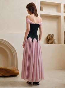 SHEIN LUNE Women's Chiffon Elegant Color Block Off Shoulder Maxi Dress ,Pink Dress,Summer Dresses,Sun Dresses	Black Dresses,Birthday Outfit,Graduation,Party - Pink - View 6