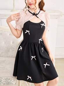 Teens Girls Hollow Collar Puff Sleeve Waist Cinched Flare Dress With Bow Decor - Multicolor - View 3