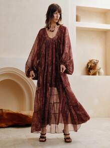 Arave 女士雪纺细肩带宽松喇叭袖灯笼袖度假风印花时尚通勤多层拼接V领荷叶边长裙两件套 - 棕色 - 查看 5