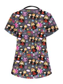 PopScrub Nursing Scrub Uniform Top, V-Neck Short Sleeve, Minimalist & Fashionable, Suitable For Summer Women Summer Tops Women For Women Women Scrubs,Women's Fashion Casual Sports Scrub Tops, Business Women Clothing, Women's Summer Tops Multi-Occasion Wear Versatility, Women's Summer Beach Shirts,Tops With Cute Puppies, Bees, Insects, Kittens, Flowers, Grass, Trees, Hearts, Clouds, Ice Cream, Donuts, Butterflies, Starfish, Tie-Dye And Other Printed Patterns - Black - View 2