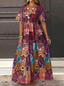 EMERY ROSE 大码女式花卉印花V领短袖休闲连衣裙 - 彩色 - 查看 6