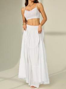 SHEIN Tall Women's Solid Color Shirred Waist Ruffled Hem Skirt