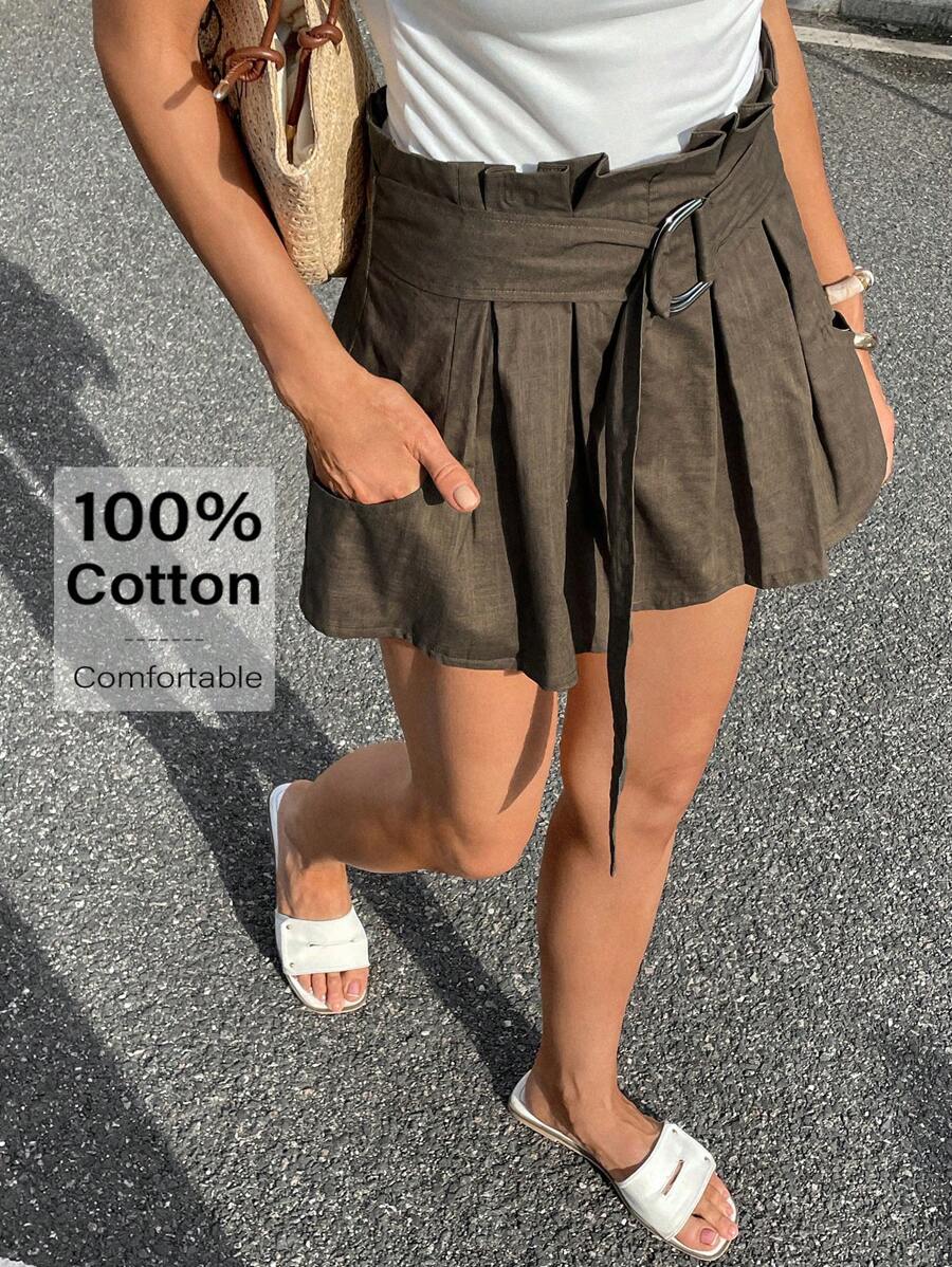 SHEIN Essnce Damen einfarbige modische Shorts, geeignet für den Sommer - Armeegrün - Übersicht 1