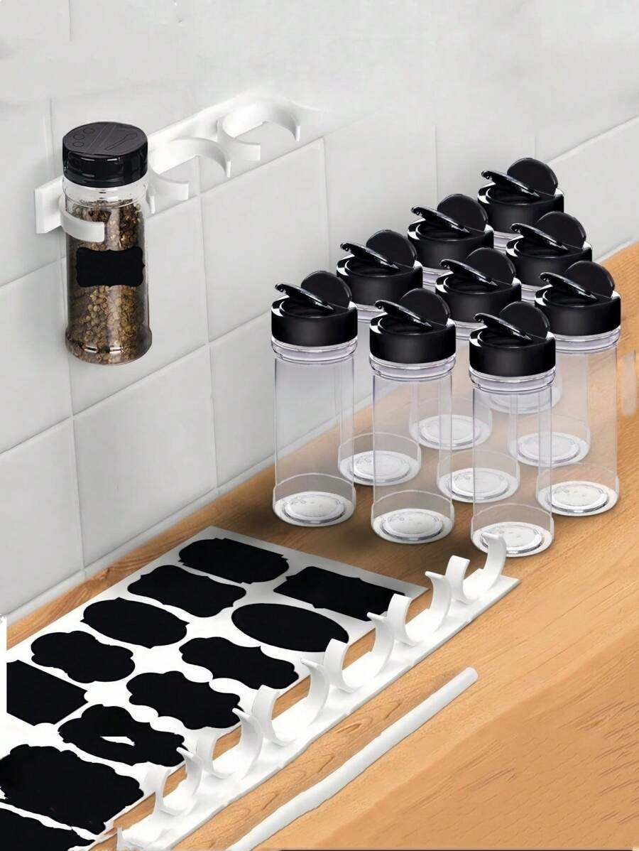 SHEIN Basic living 2/4/14pcs/1 Set Of Plastic Spice Jars With Clip Covers, Kitchen Storage Racks, Label Kits, Asymmetrical Stickers, Blackboard Stickers, PVC Waterproof Self-Adhesive Seasoning Jar Labels, Double Lid Seasoning Jars, Kitchen Household Salt, Monosodium Glutamate Seasoning Bottles, Sealed Moisture-Proof Large Caliber Transparent Measurable Seasoning Bottle Storage Racks, Simple Bottle Mouth Clip Food Clip Kitchen Clip Two-Color Plastic