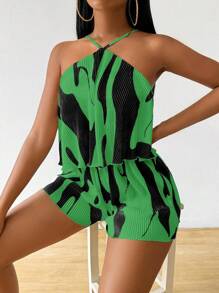 VaVaBold Women's Apricot Pleated Fabric Short Jumpsuit - Green - View 3