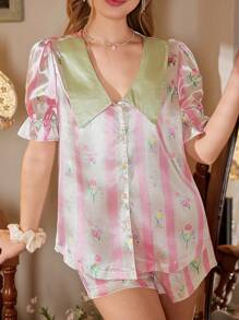 SHEIN Contrast Color Floral Print Lapel Short Sleeve Short Pajama Set - Pink - View 5