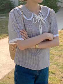 DAZY 时尚百搭精致格子短袖蕾丝边女式衬衫夏季 - 灰色 - 查看 3