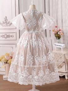 少女优雅花卉刺绣网眼夏装 - 米色 - 查看 2