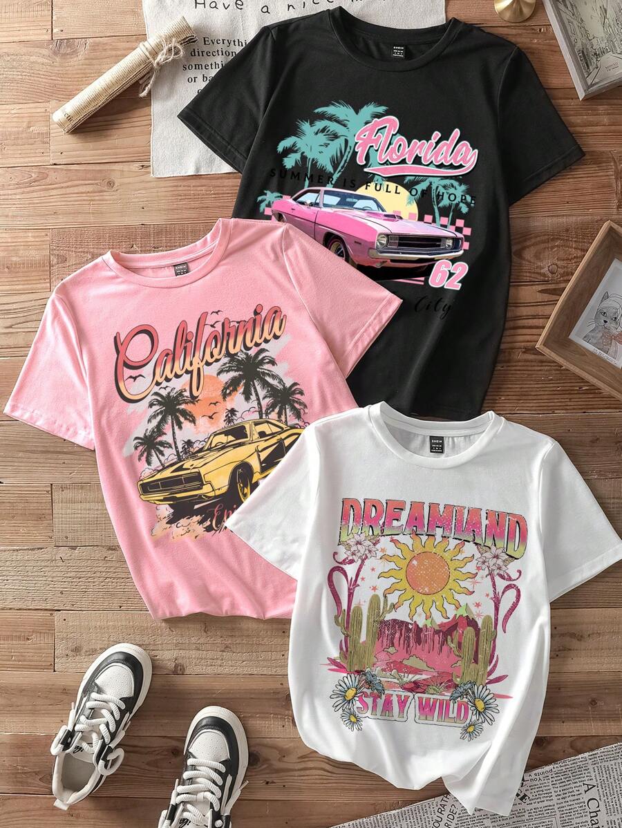 SHEIN EZwear 3pcs/Set Casual Retro American Western Car Landscape Design Round Neck Loose Fit Short Sleeve T-Shirt,Slightly Sheer Suitable For Summer Women Suitable For Going Out - Multicolor - View 1