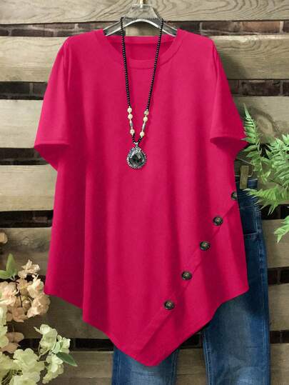 Plus Size Women's Solid Color Round Neck Short Sleeve Button Design Casual T-Shirt