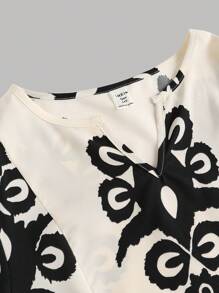 SHEIN Nastolatki Eid Al Adha, Ramadan, Święto Narodowe, Walentynki, Chinoiserie, Narodowe, Luźna koszula z nadrukiem kwiatowym i szerokie spodnie 2 sztuki - Morela - Zobacz 3