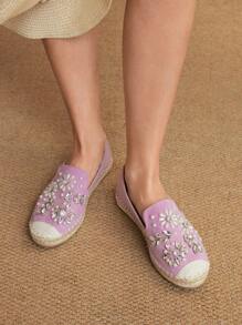 Styleloop Purple Beaded & Rhinestone Embellished Espadrille Flat Shoes For Women, Bohemian Style Vacation Slip-On - Purple - View 5