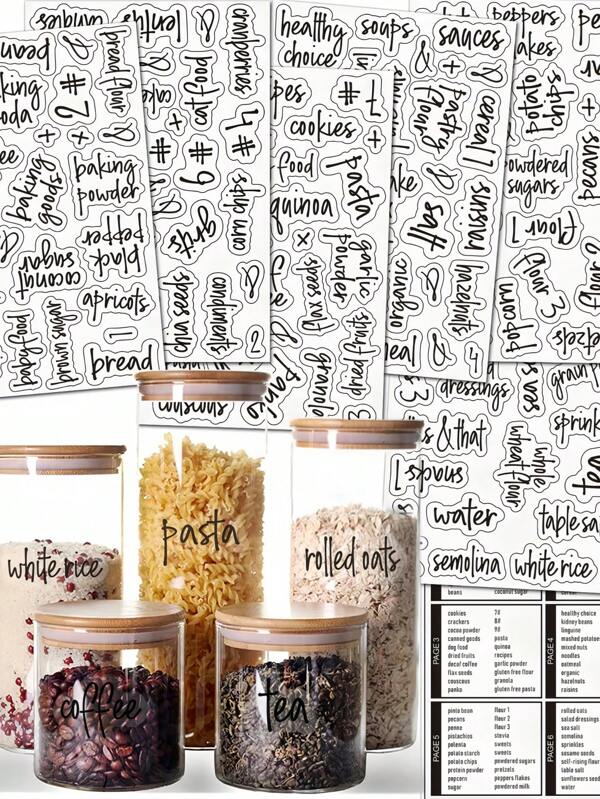 Sheets Of Six Kitchen Labels - Waterproof Pantry Stickers For Spice Jars, Containers And Storage Organization, Home Edit Style