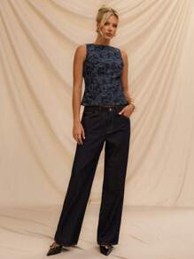 Avantive Ladies High Street Spice Jacquard Sleeveless Denim Top Blue Women Tops Club Denim Cowgirl Top Western Wear Women - Dark Wash - View 3