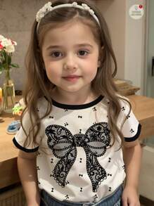 SHEIN Happikins Cute Bow Print Young Girl Casual Round Neck Short Sleeve T-Shirt, Suitable For Summer - Multicolor - View 1