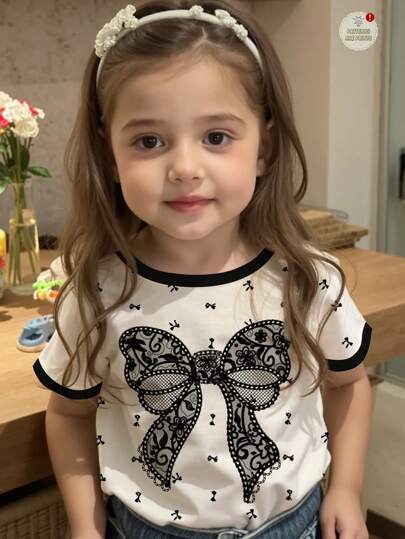 SHEIN 可爱蝴蝶结印花年轻女孩休闲圆领短袖T恤，适合夏季