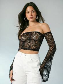 Denimoi 女士露肩性感破洞外出上衣 露肩度假上衣 女士钩针编织上衣 时尚性感度假上衣 - 黑色 - 查看 3