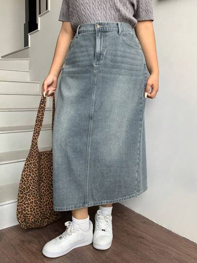 Dazy Plus Plus Size Vintage Washed-Out Blue Distressed A-Line Denim Skirt Jeans Skirt Fall/Winter