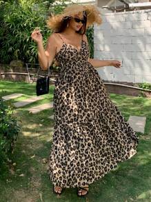 Dazy Plus Vestido largo de tirantes estilo A con estampado de leopardo, para talla grande, estilo de vacaciones, atuendo de crucero de verano para mujeres - Caqui - Ver 9