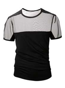 DSELFIQUE Men's Solid Color Mesh Splice Round Neck Short Sleeve Casual T-Shirt - Black - View 6