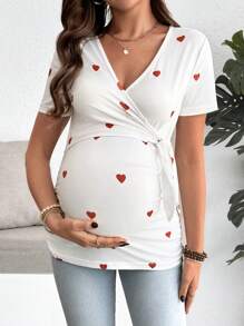 SHEIN T-shirt de maternité à manches courtes avec impression de cœur, avec fonctionnalité d'allaitement et nœud latéral