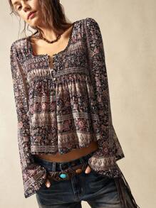 Bohemela Easter Musical Festival BOHO Woven Printed Flare Long Sleeve Loose Women Shirt - Black - View 5