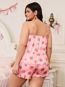 Strawberry Print Plus Size Camisole Sleepwear Set - Multicolor - View 2