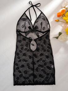 Sexy Lip Pattern Mesh Sheer Short Bodycon Nightgown Babydoll , See Through Dress UnderwearOuter