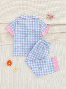 Set de 2 piezas de chica joven con estampado de cuadros, cárdigan de manga corta con moño y pantalones, conjunto de ropa para el hogar - Multicolor - Ver 2