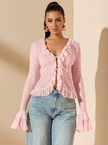 SHEIN BAE Blusa de manga larga con volantes y cordones estilo sexy y minimalista en color albaricoque, adecuada para primavera y verano, apta para el Día de San Valentín, fiestas, citas románticas, dama de honor, trabajo, cumpleaños y talla grande ocasiones