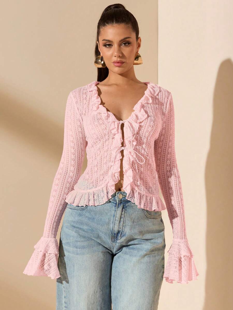 SHEIN BAE Blusa de manga larga con volantes y cordones estilo sexy y minimalista en color albaricoque, adecuada para primavera y verano, apta para el Día de San Valentín, fiestas, citas románticas, dama de honor, trabajo, cumpleaños y talla grande ocasiones