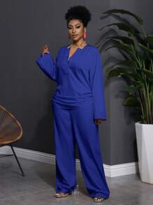 Slaydiva 2pcs/Set Plus Size Western Wear Casual Solid Notched Neck Long Sleeve Top And Pants Set Fall - Blue - View 7