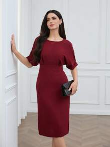 EMERY ROSE Women's Solid Color Batwing Short Sleeve Mid-Length Casual Dress - Burgundy - View 1