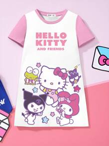 HELLO KITTY AND FRIENDS | SHEIN Young Girl Colorblock Short Sleeve Spring/Summer Cartoon Cute Graphic Print Casual Loose Dress