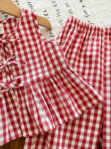 LMoss Kids 女婴可爱夏季度假红白格子蝴蝶结装饰无袖上衣和松紧腰宽松裤套装 - 紅色 - 查看 3
