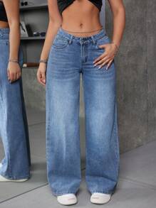 SHEIN ICON 女式宽松V领低腰喇叭阔腿牛仔裤，带口袋 - 中等水洗藍 - 查看 5