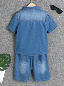 SHEIN 青少年男孩牛仔两件套服装 - 深色水洗藍 - 查看 2